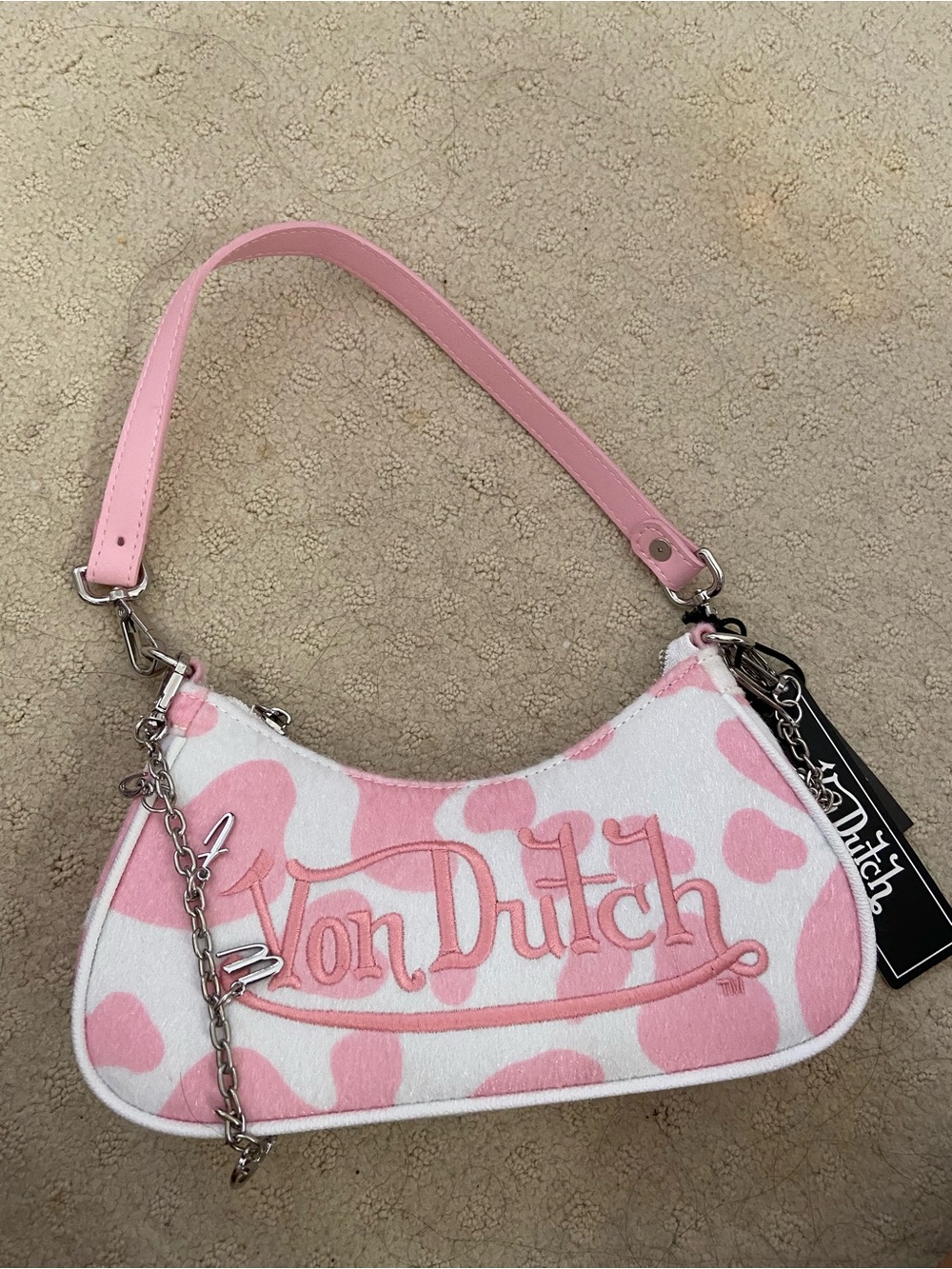 Von Dutch Pink & White Cow Print Mini Shoulder Bag